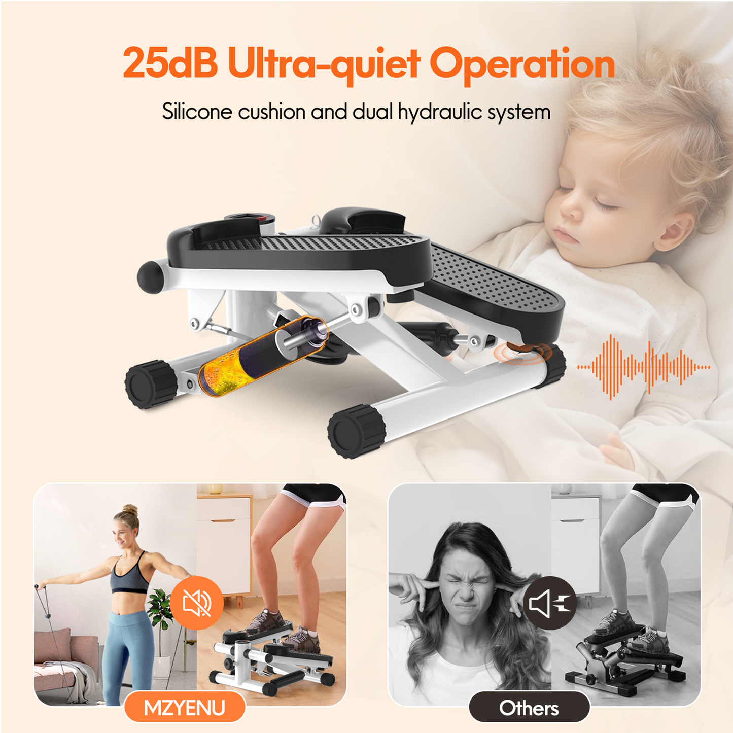 Opmukin Mini Steppers for Exercise, Mute The Sound with Resistance Bands, 331lbs Loading Capacity, Digital Monitor, Optional Twist Motion for Home Fitness - White