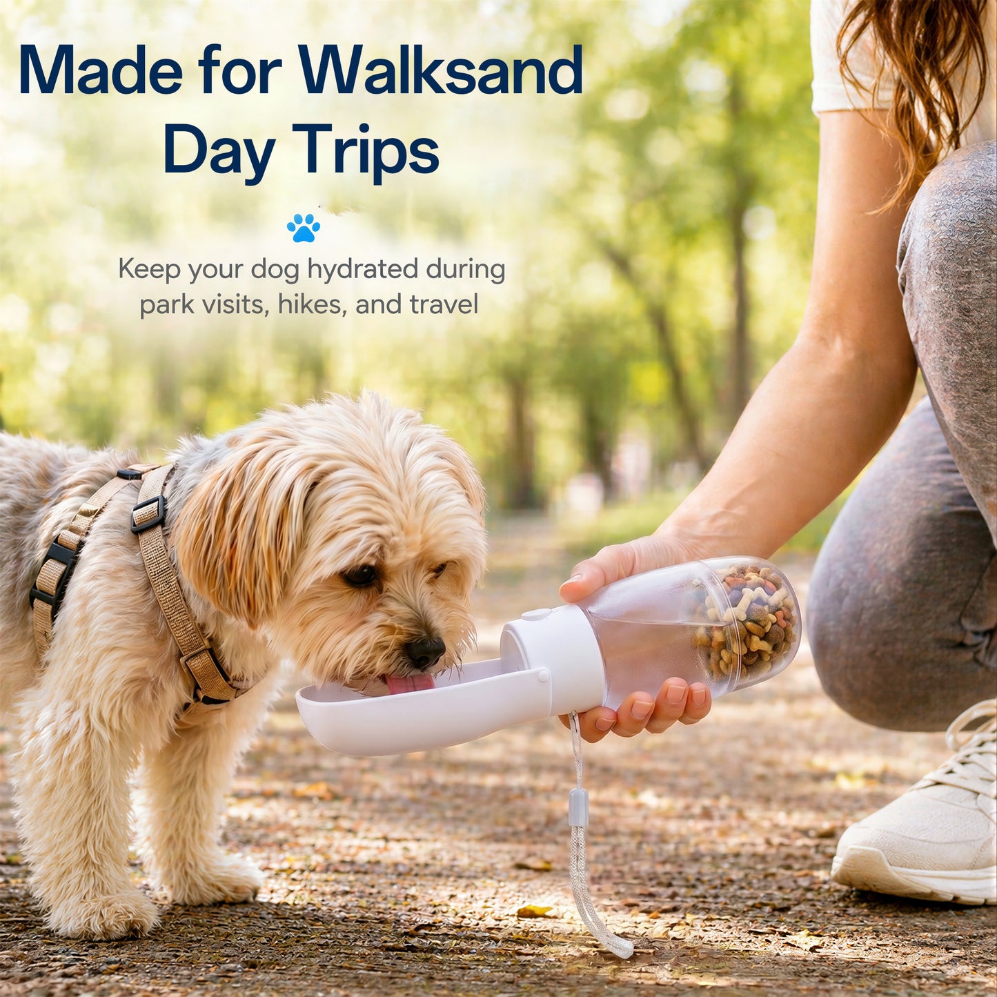 Tolobeve 3-in-1 Portable Dog Water Bottle with 12oz Water and 3.5oz Food Container, White