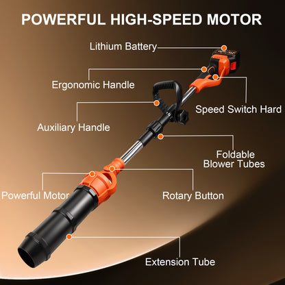 HOTREE Cordless Leaf Blower, 2*21V 400W 600CFM 150MPH, Detachable Foldable, Rotating Leaf Blower, Suitable For Gardens Patios and Streets, Orange