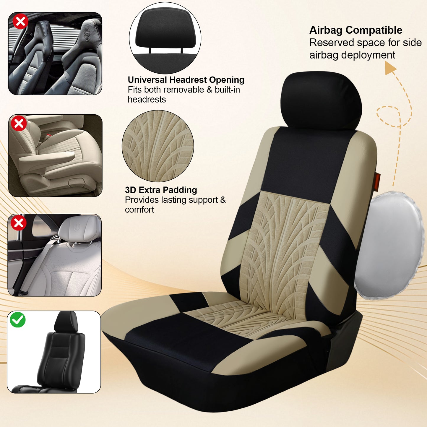 FLORAY 9-Piece Car Seat Covers - Airbag Safe, Thickened, Split Rear, Machine Washable - Universal Fit for Cars, SUVs, Trucks, Beige