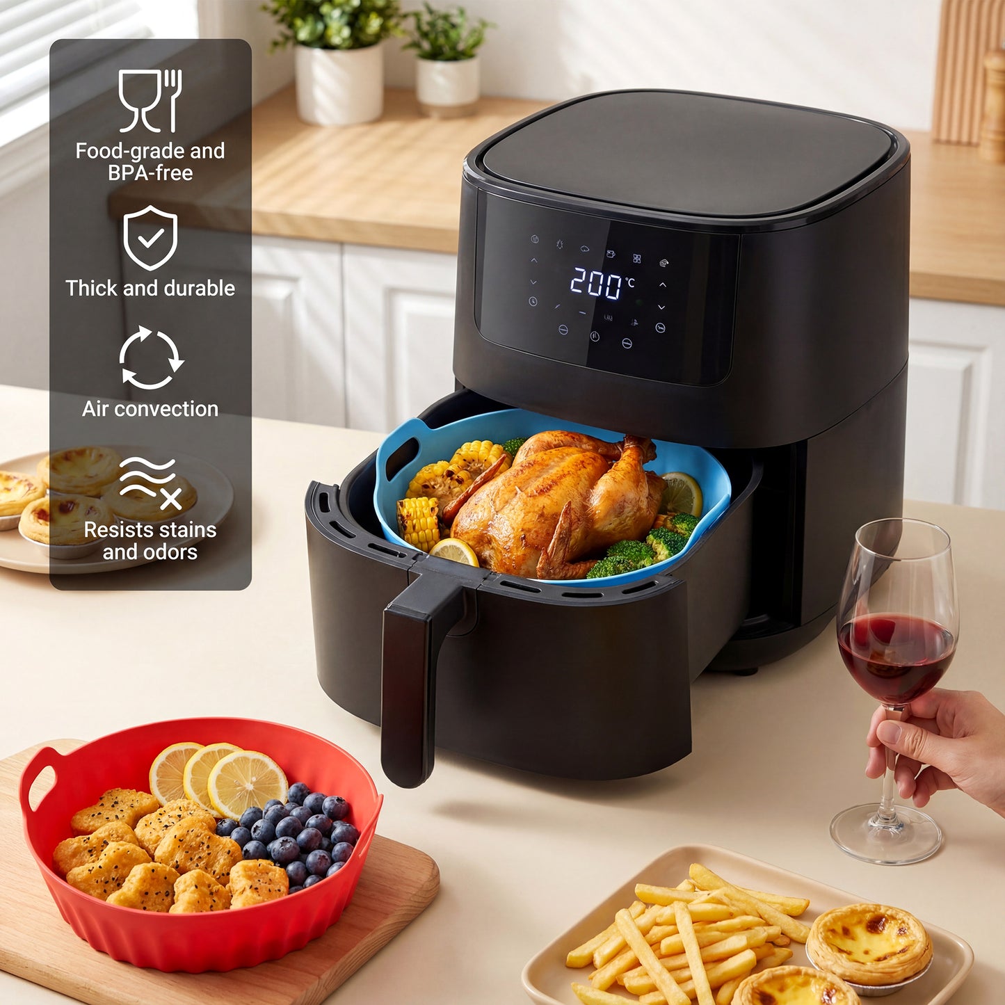 M Buder 3 Pack Silicone Air Fryer Liners 4-7 QT, Reusable Food Grade Basket Bowl, Replacement for Parchment Paper, Baking Tray Oven Accessories, Round Red&Blue&Pink (Top 7.9in, Bottom 6.7in)