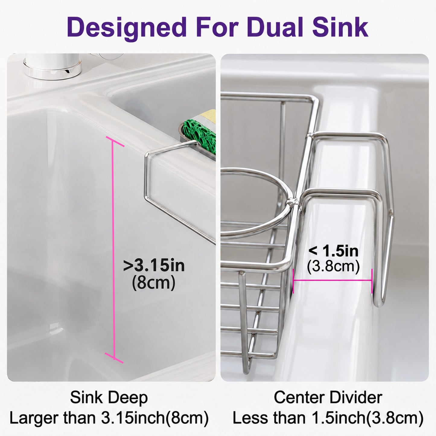 Riousery Compact Kitchen Sink Caddy, Hanging Sponge Holder for Double Sink Divider, 6.7 x 4.0 x 2.9 in Stainless Steel Mini Sink Organizer with Brush Holder and Dishcloth Bar