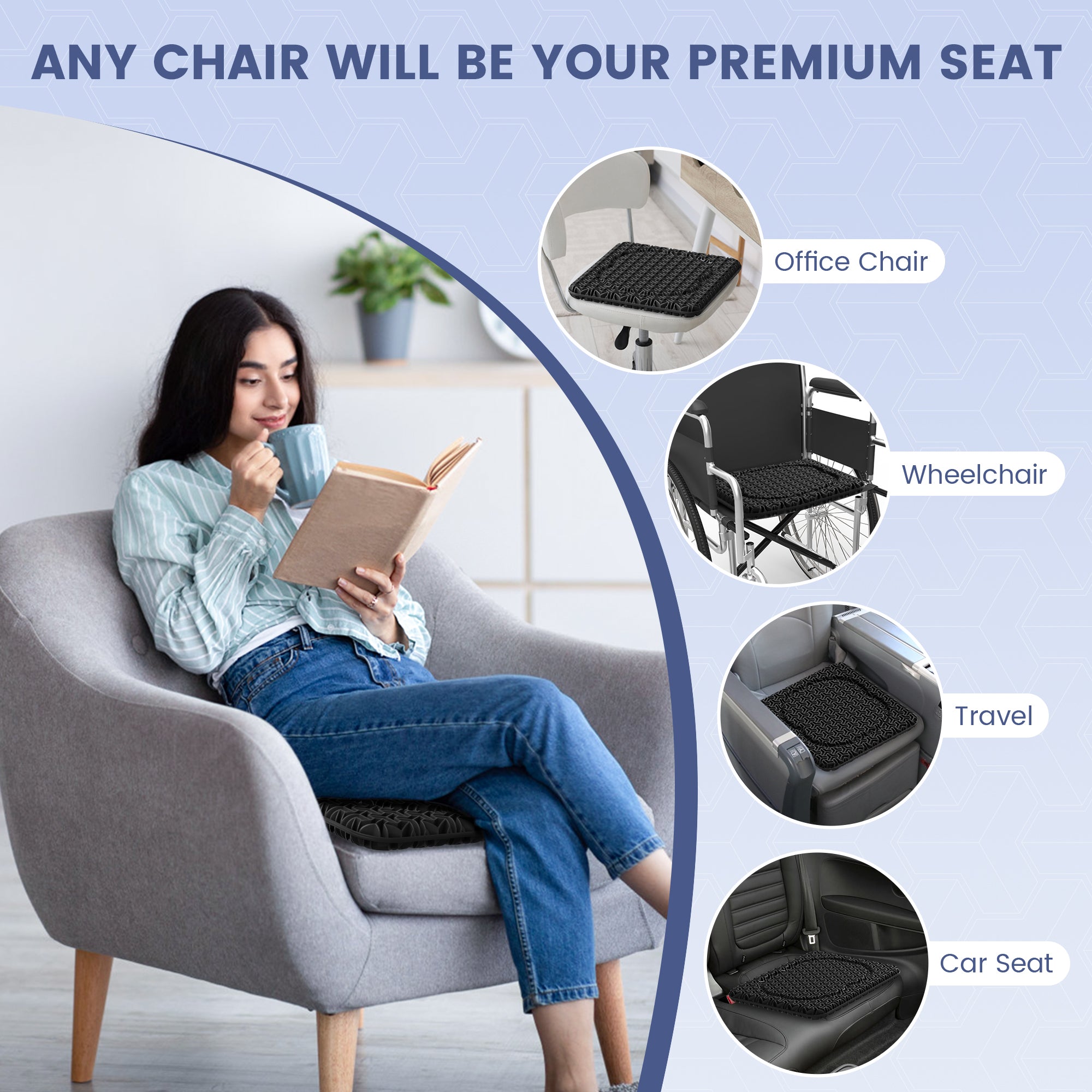 AOLIGO Gel Seat Cushion for Long Sitting, Office Chair, Car, Wheelchair, Black