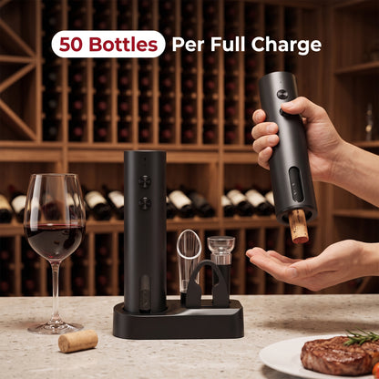 M Buder Electric Wine Opener, Automatic Wine Bottle Opener Set with Foil Cutter Vacuum Stopper and Storage Base, Cordless Automatic Corkscrew for Kitchen and Parties