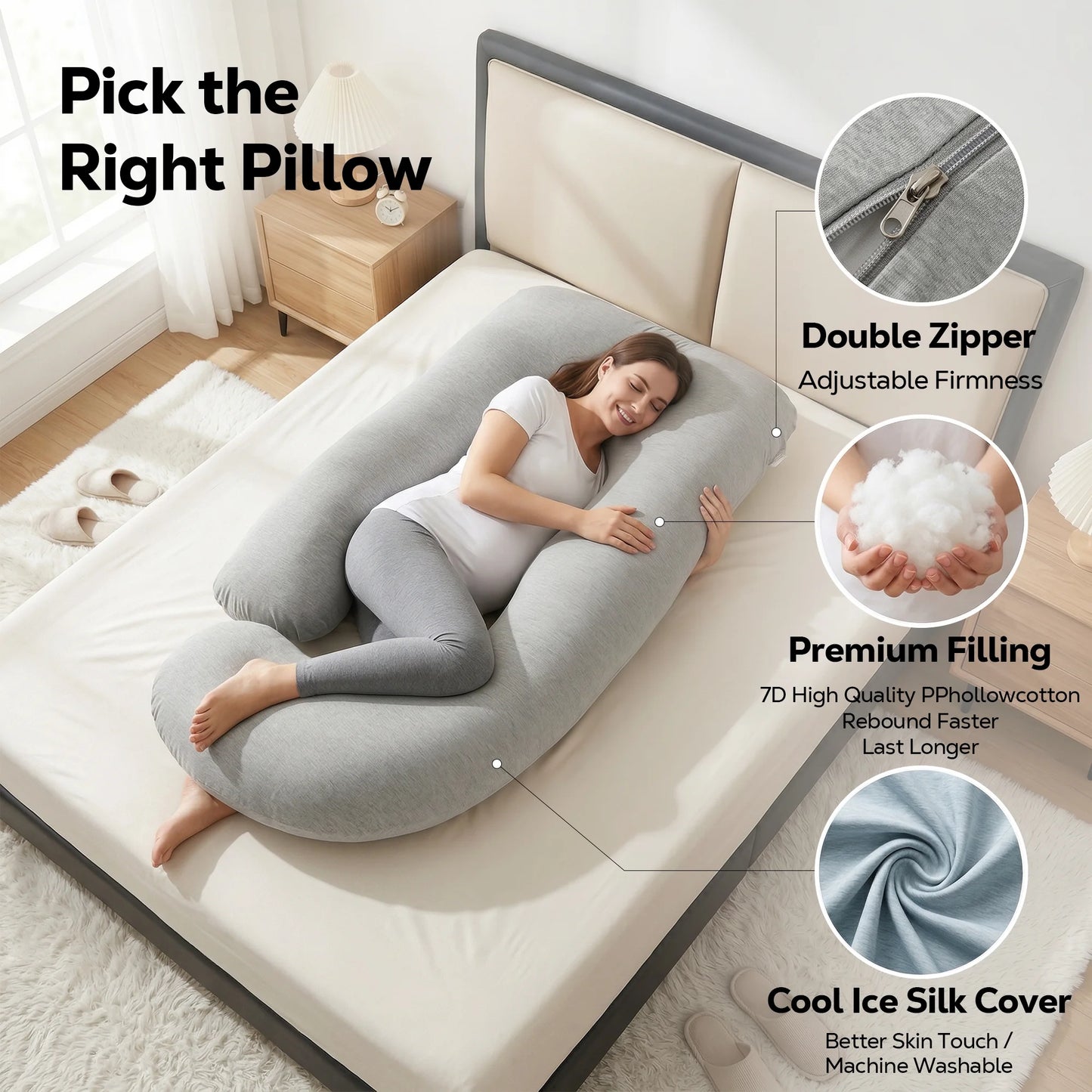 RUPOUN Pregnancy Pillow, J-Shaped Maternity Body Pillow for Sleeping, 70-Inch Full Body Support with Removable Cooling Ice Silk Cover, Gray