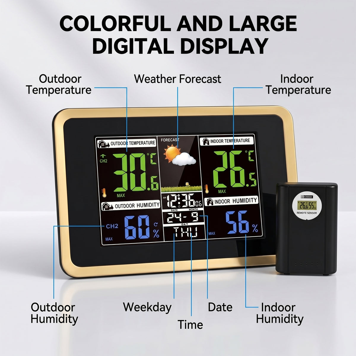 XSAPT Wireless Weather Station, Indoor Outdoor Thermometer, Color Display, Black
