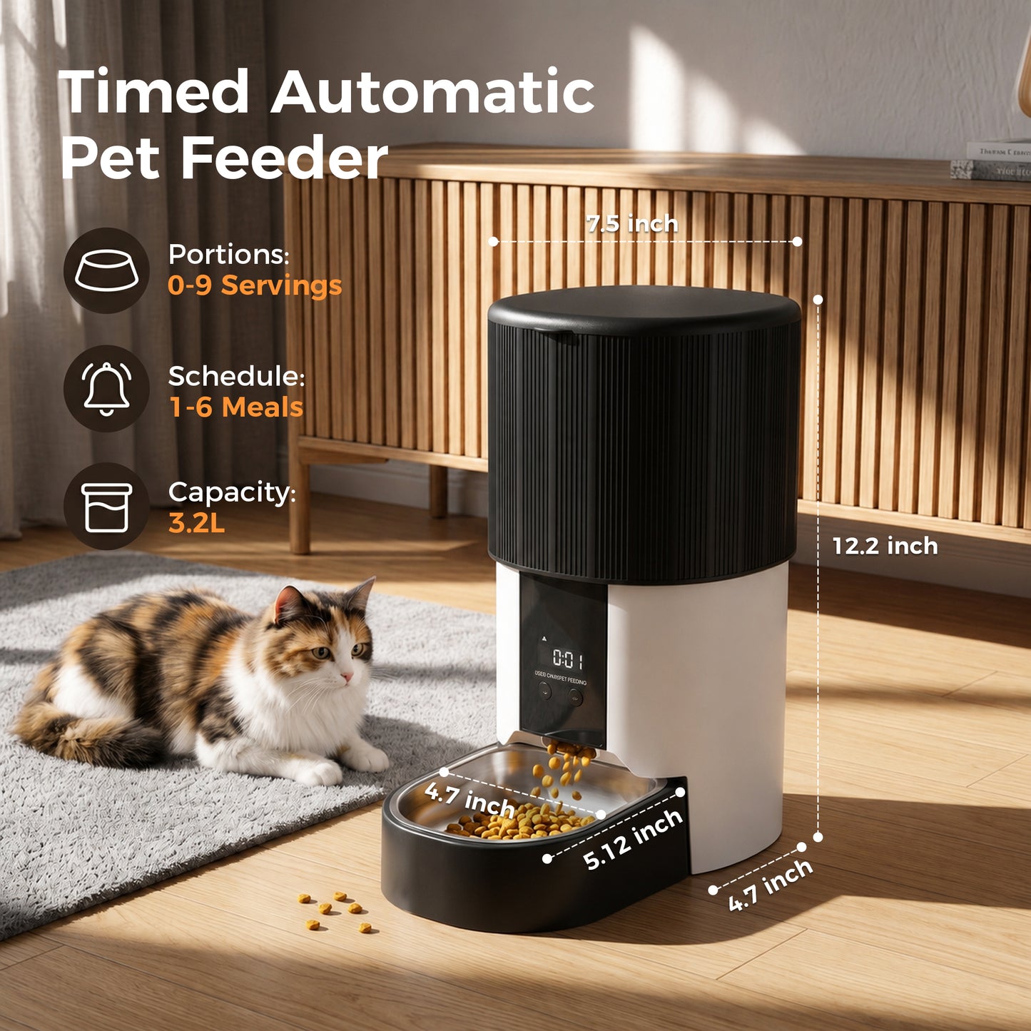 Tolobeve Automatic Cat Feeder, 135oz Timed Portion Control for Cats & Small Dogs, White