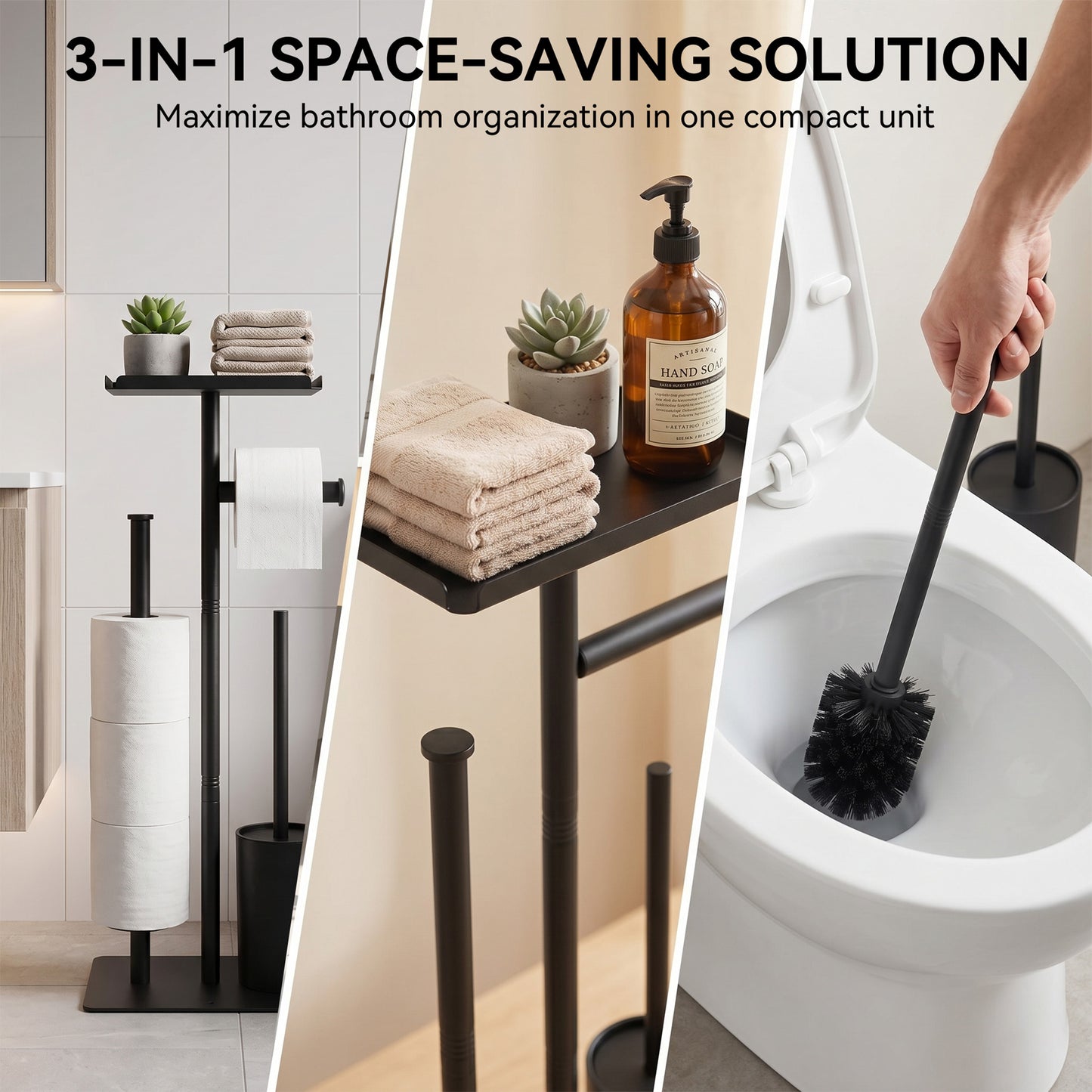 Riousery Toilet Paper Holder Stand with Shelf, Freestanding Bathroom Storage Organizer with Toilet Brush and Caddy Holder, Rustproof Metal, Black