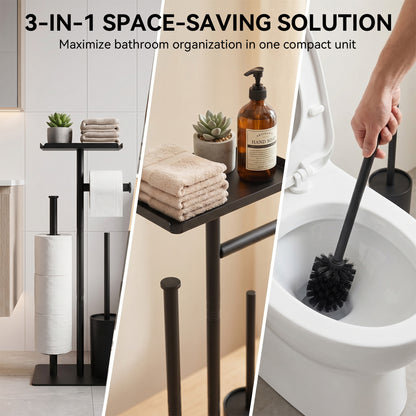 Riousery Toilet Paper Holder Stand with Shelf, Freestanding Bathroom Storage Organizer with Toilet Brush and Caddy Holder, Rustproof Metal, Black
