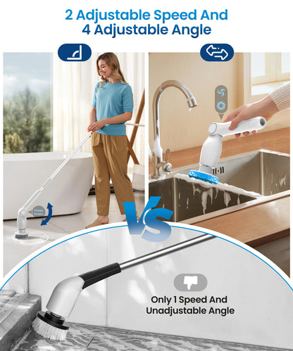 BIMZUC Electric Spin Scrubber, Cordless Cleaning Brush,8 Replaceable Heads, 4 Adjustable Angles, Remote Switch, White