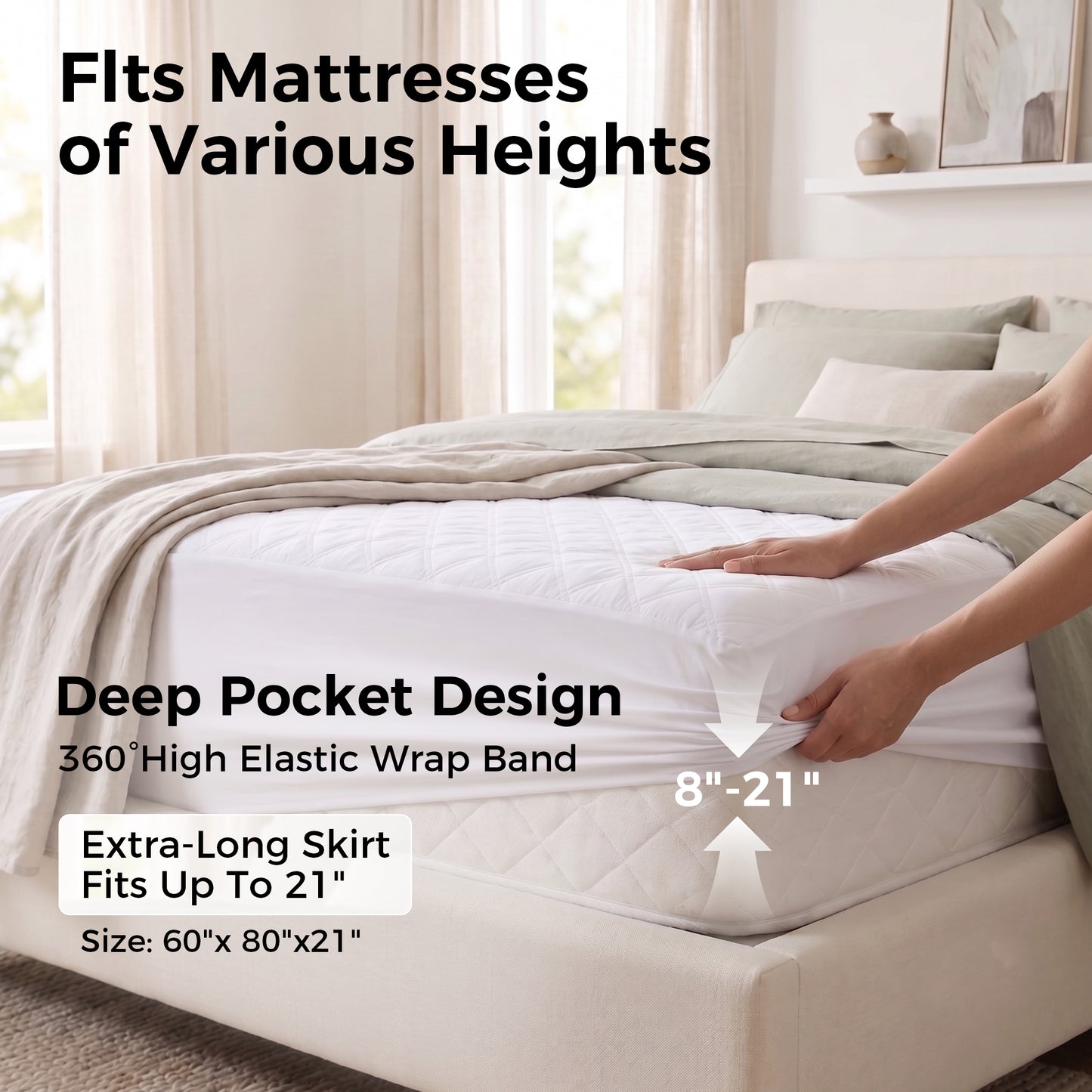 ALYLO Queen Waterproof Mattress Protector, 4-Layer Brushed Fabric Quilted Bed Pad with Noiseless TPU Membrane, Soft Breathable Cover, Fits 8"-22" Deep Pocket