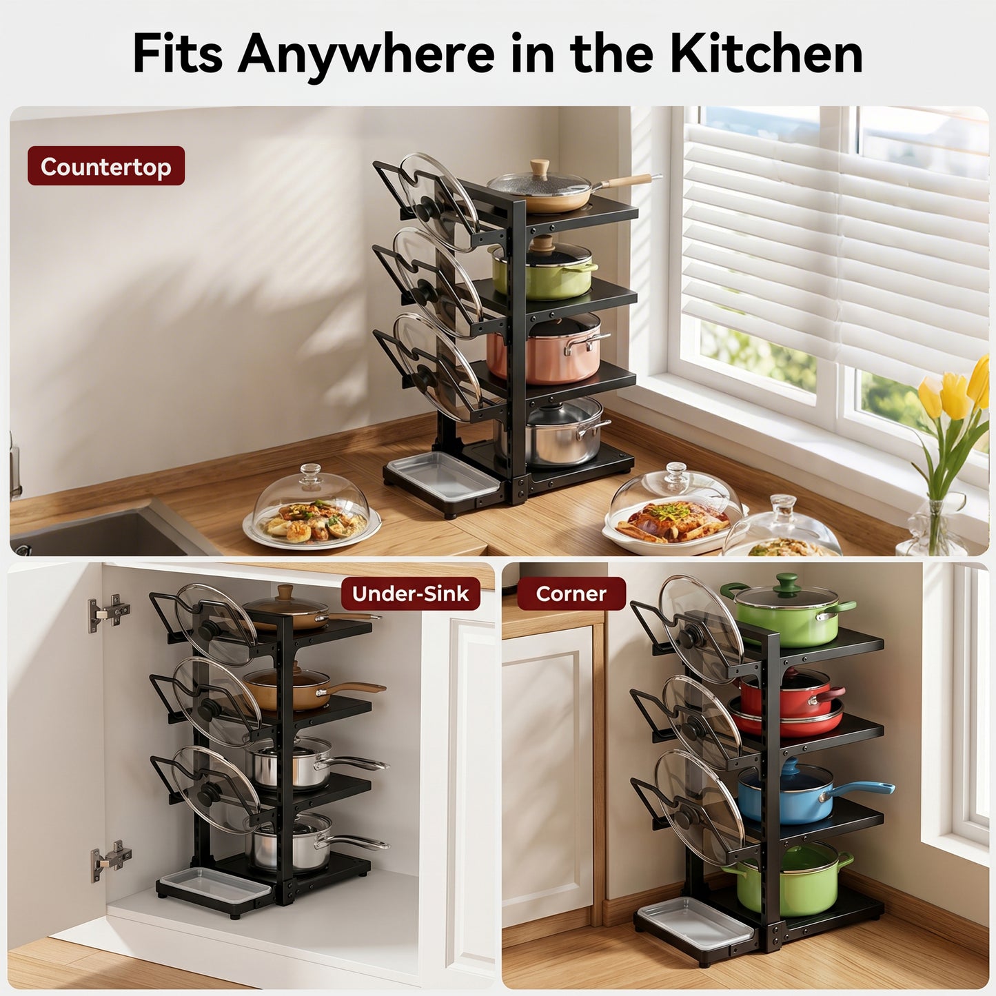 Riousery Pots and Pans Organizer, 7-Tier Adjustable Pan Rack with Lid Holder and Drip Tray, 220Lb Heavy Duty Metal Cookware Organizer for Kitchen Countertop & Cabinet, Black
