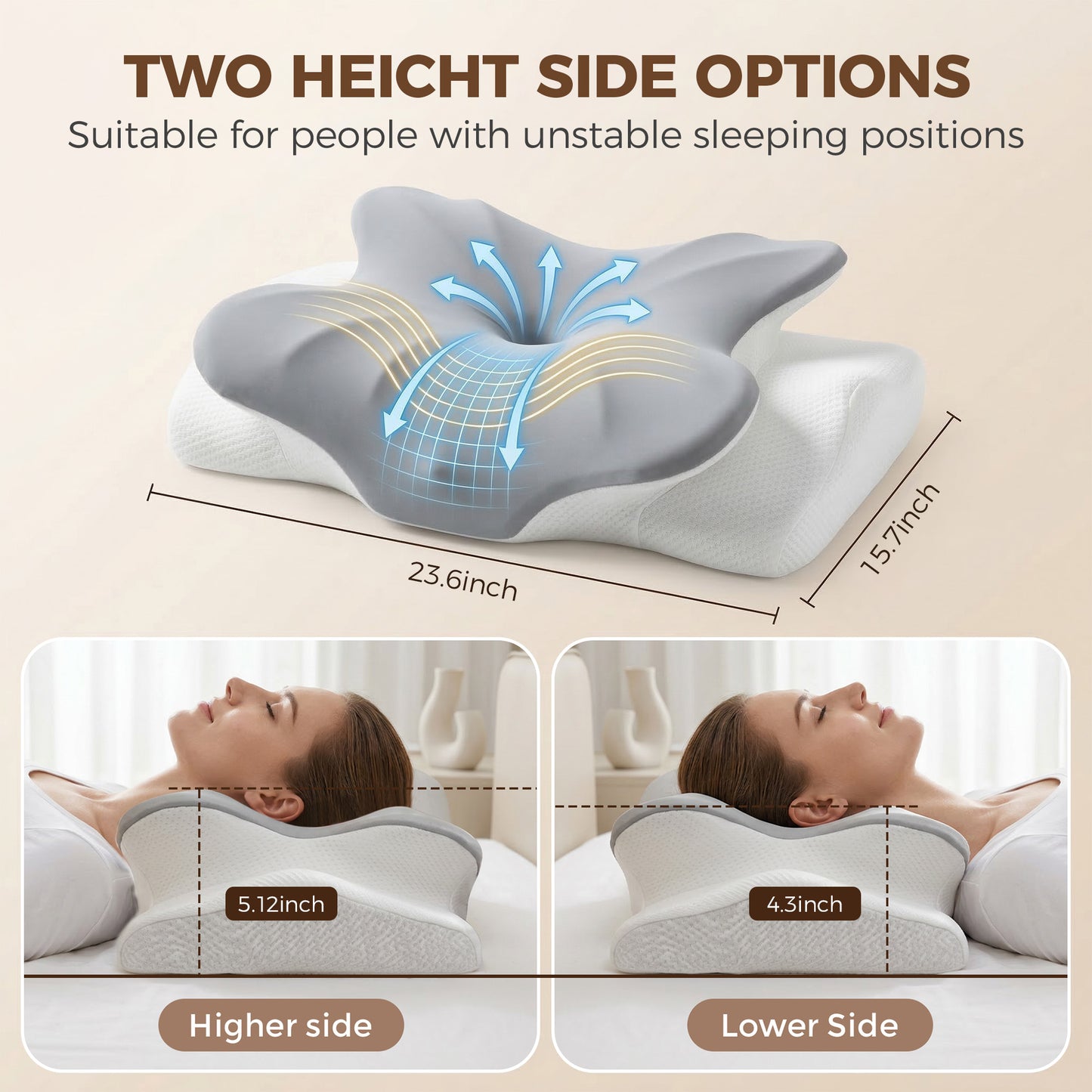 Riousery Ergonomic Cervical Pillow, Dual-Height Contoured Neck Support Pillow with Spine Alignment Bumps, Orthopedic Design for Back and Side Sleepers, White