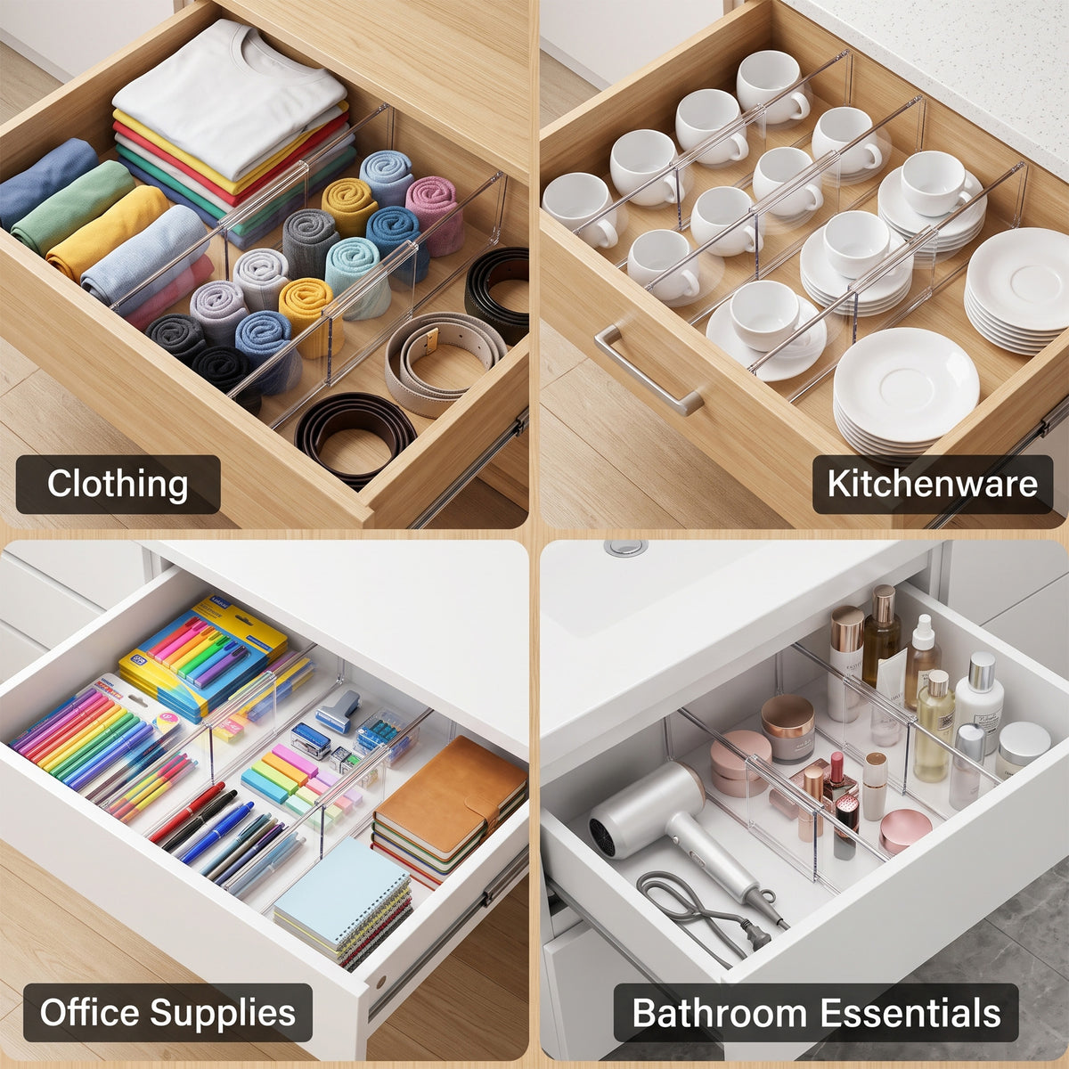 Riousery 9 Pack Adjustable Clear Acrylic Drawer Dividers, Expandable 11.4-21.7 in Drawer Organizers with Adhesive Pads for Kitchen, Bedroom, Bathroom & Office