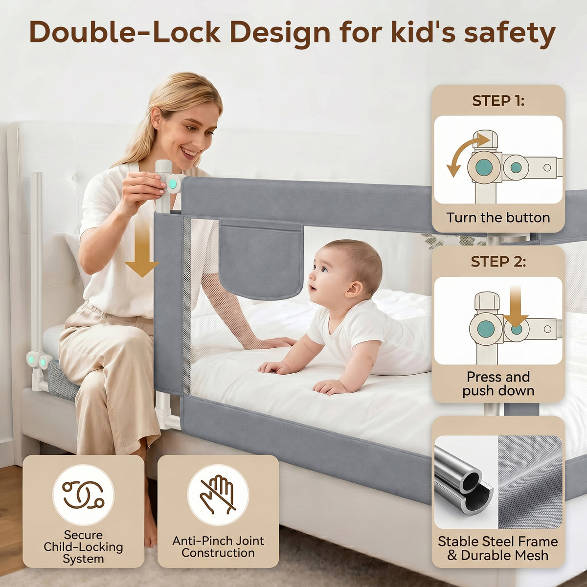 L-Shaped Toddler Bed Rail ,59in Extra Large Safety Fence, Universal Fit for Most Mattresses, Tool-Free Easy Installation, Gray