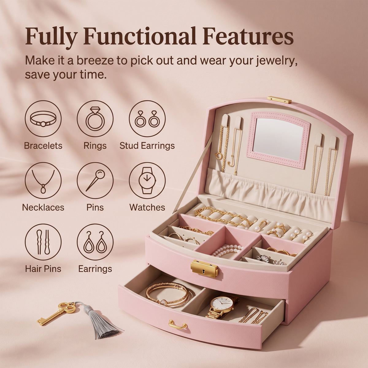 Bokyan 2 Layer Jewelry Box, Women Jewelry Organizer Earrings Ring Necklace Leather Travel Jewelry Case