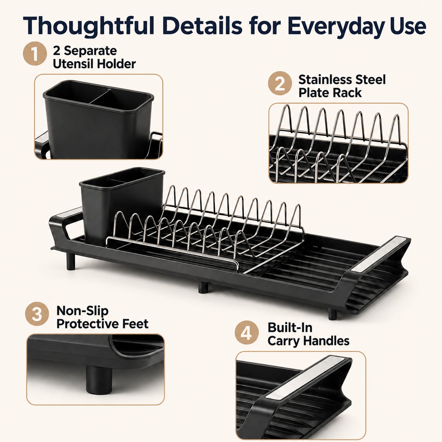 Riousery Expandable Dish Drying Rack with Drainboard, Compact Countertop Dish Drainer with 8-Plate Stainless Steel Rack, 2-Compartment Utensil Holder, Space Saving, Black