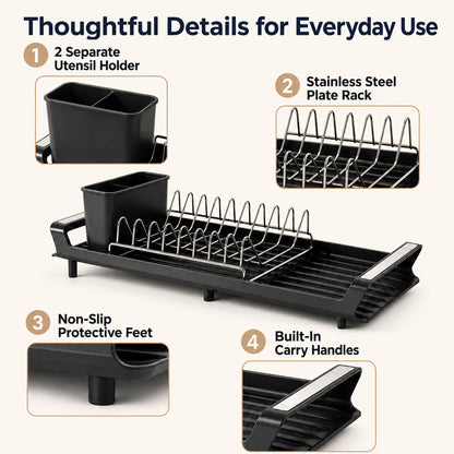 Riousery Expandable Dish Drying Rack with Drainboard, Compact Countertop Dish Drainer with 8-Plate Stainless Steel Rack, 2-Compartment Utensil Holder, Space Saving, Black