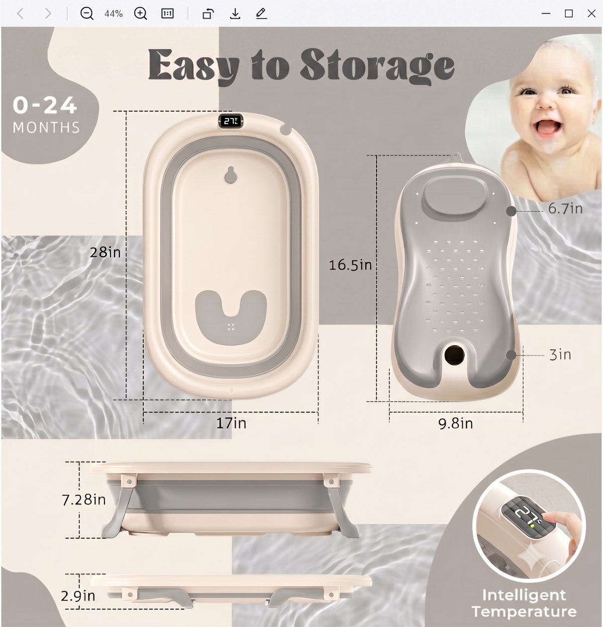 Rupoun Foldable Baby Bathtubs, Collapsible Bathtub for Infant Newborn Boys and Girls, Portable, Plastic, Gray