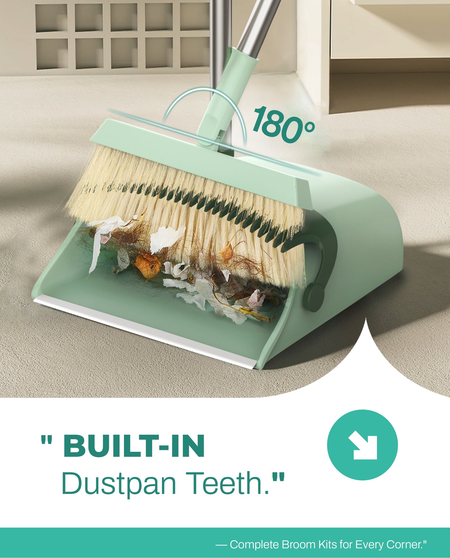 BIMZUC Broom and Dustpan Set for Home, Dustpan & Broom W/Comb, 51" Long Handle, Cyan Cleaning Tools