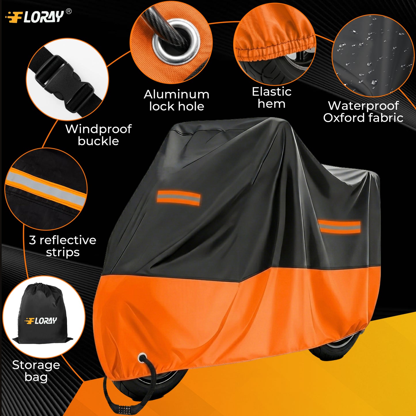 FLORAY Lightweight All-Season Motorcycle Cover, Waterproof Outdoor Protection with Reflective Strips and Windproof Buckles, 2XL, Orange