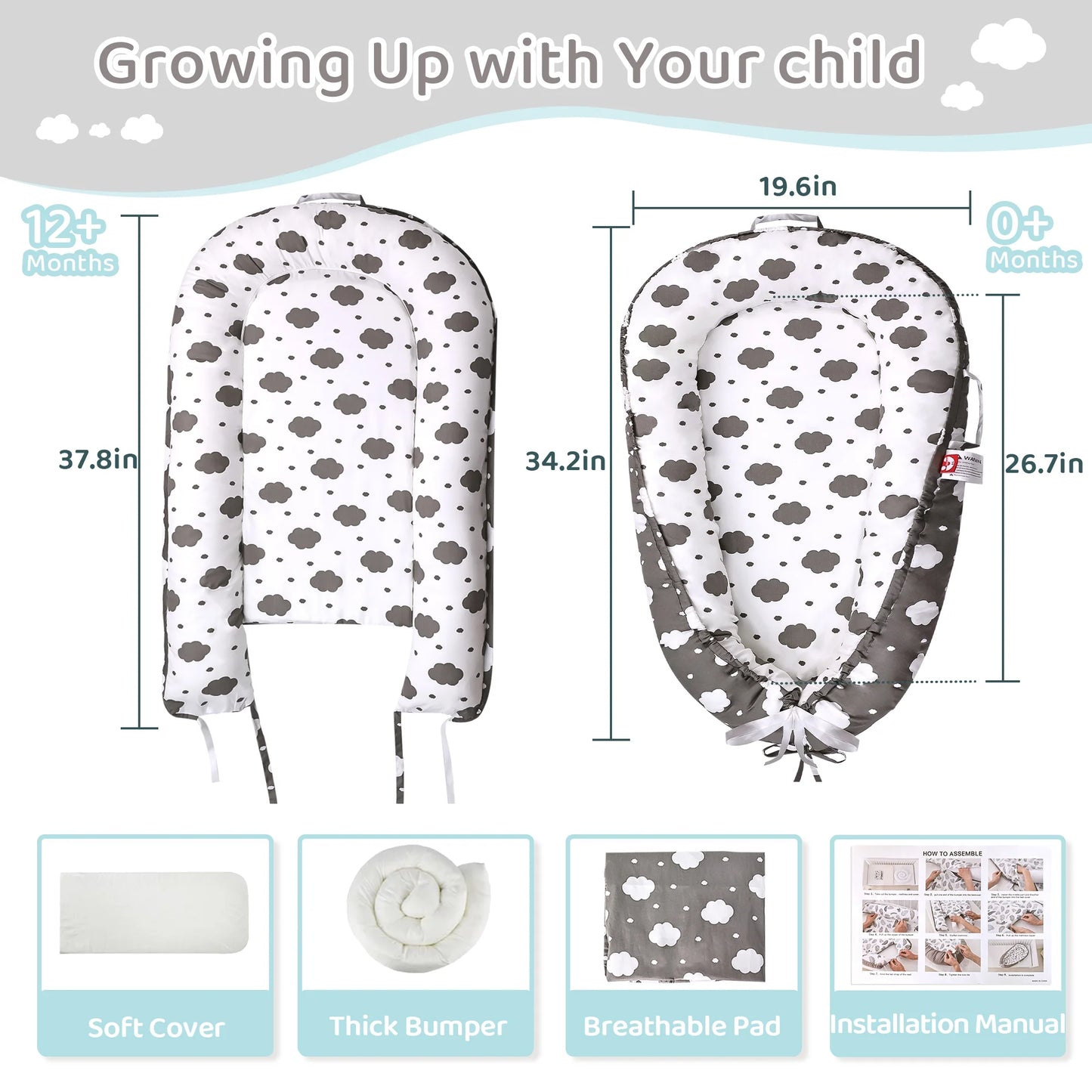 TAYYEE Baby Playmat for 0-24 Months, Portable Infant Lounger with Carry Handle, Gray, 34 x19 Inches