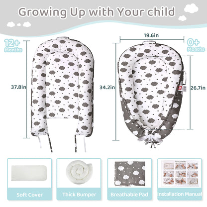 TAYYEE Baby Playmat for 0-24 Months, Portable Infant Lounger with Carry Handle, Gray, 34 x19 Inches