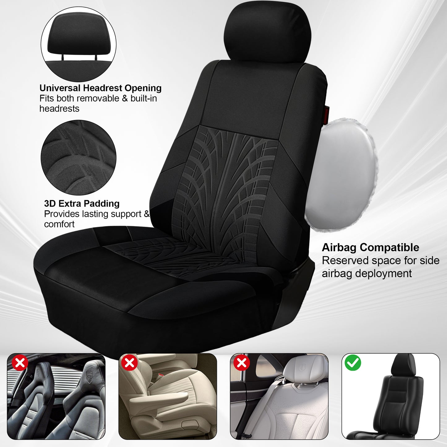 FLORAY 9-Piece Car Seat Covers - Airbag Safe, Thickened, Split Rear, Machine Washable - Universal Fit for Cars, SUVs, Trucks, Black