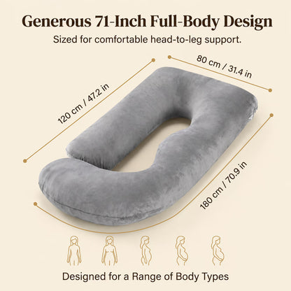 Pregnancy Pillow U Shaped Full Body Soft Maternity Pillow with Removable Velvet Cover, 70 Inch, Gray