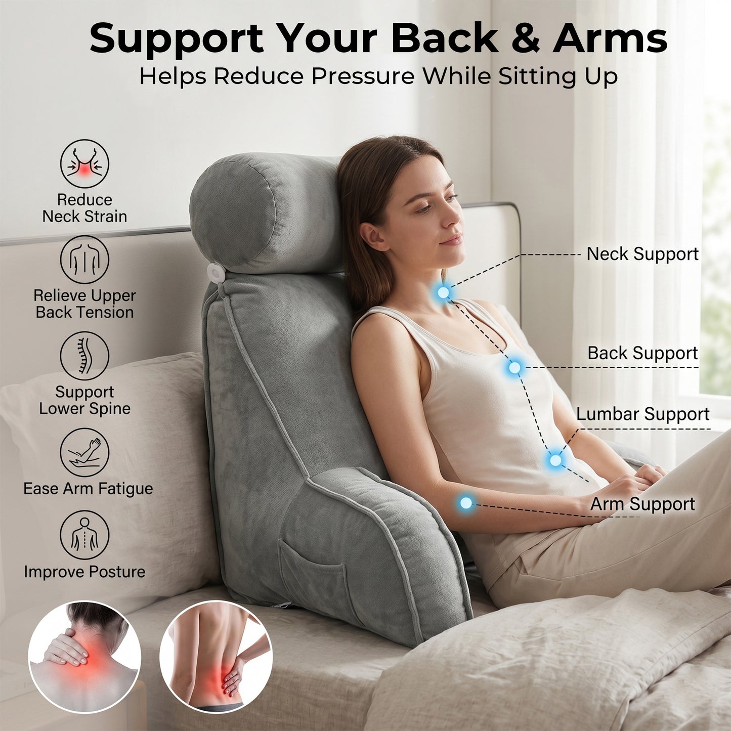 Riousery Reading Pillow with Arms and Semi-Round Neck Roll, Bed Rest Pillow for Sitting Up in Bed, Back Support Pillow with Phone Pocket for Reading, Watching TV and Gaming, Gray