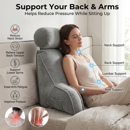 Riousery Reading Pillow with Arms and Semi-Round Neck Roll, Bed Rest Pillow for Sitting Up in Bed, Back Support Pillow with Phone Pocket for Reading, Watching TV and Gaming, Gray