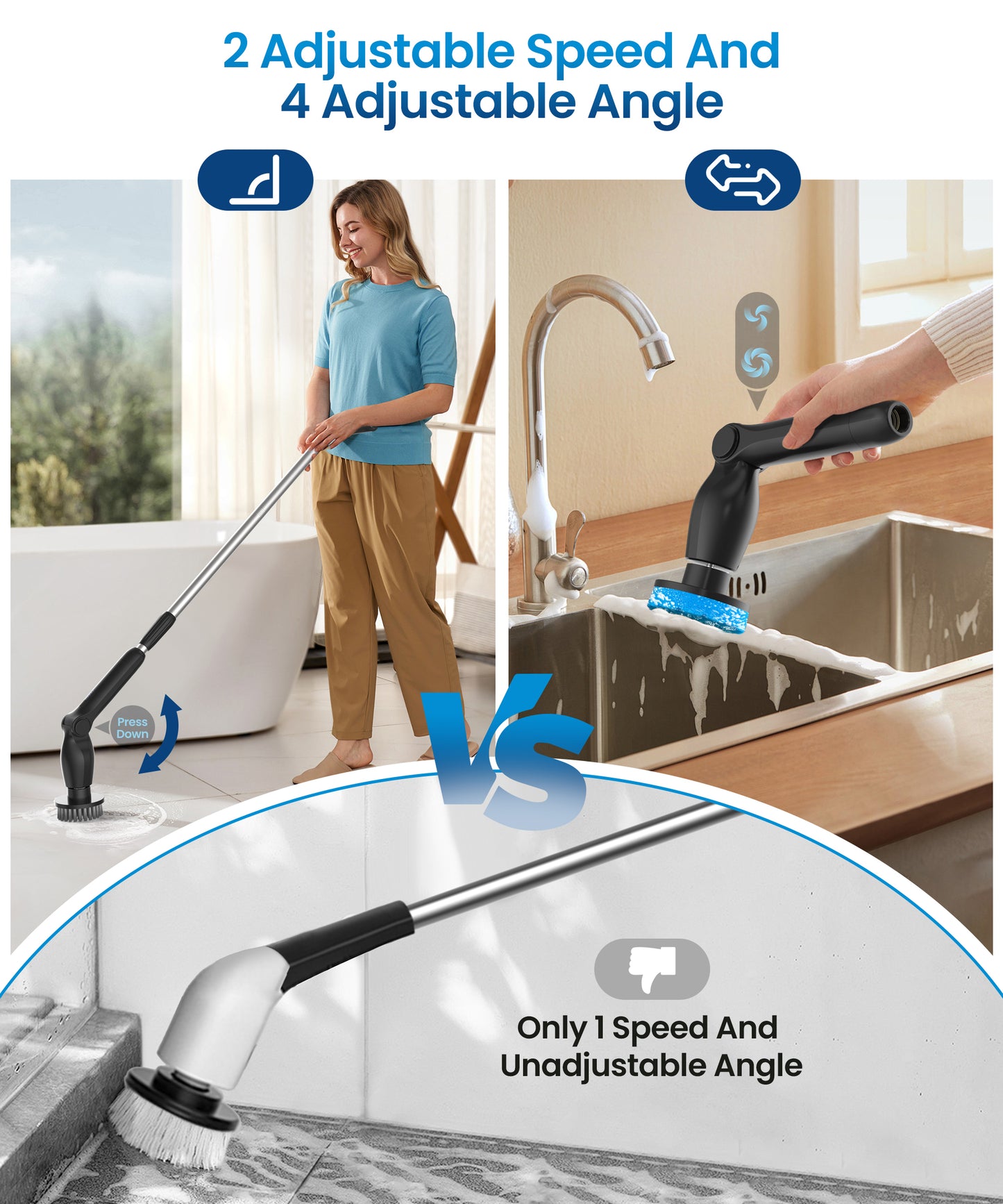 BIMZUC Electric Spin Scrubber, Cordless Cleaning Brush,8 Replaceable Heads, 4 Adjustable Angles, Extendable Handle, Black