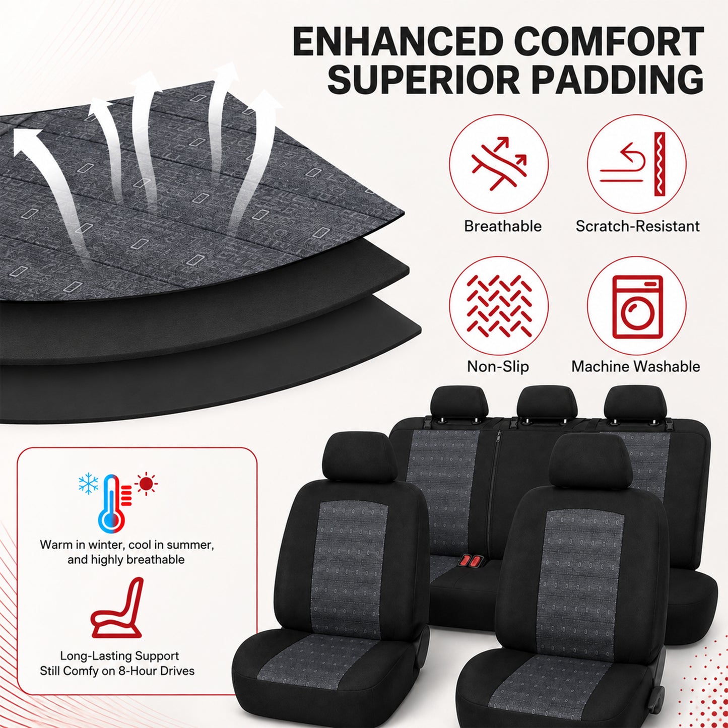 FLORAY Universal Car Seat Covers Full Set for Sedans & Compact SUVs, Airbag Compatible Auto Seat Protectors, Front & Rear Bench, Black