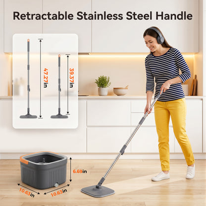 FVSA Clean Water Separation Square Spin Mop and Bucket Set with 2 Washable Pads, Gray and Orange, 1-Pack