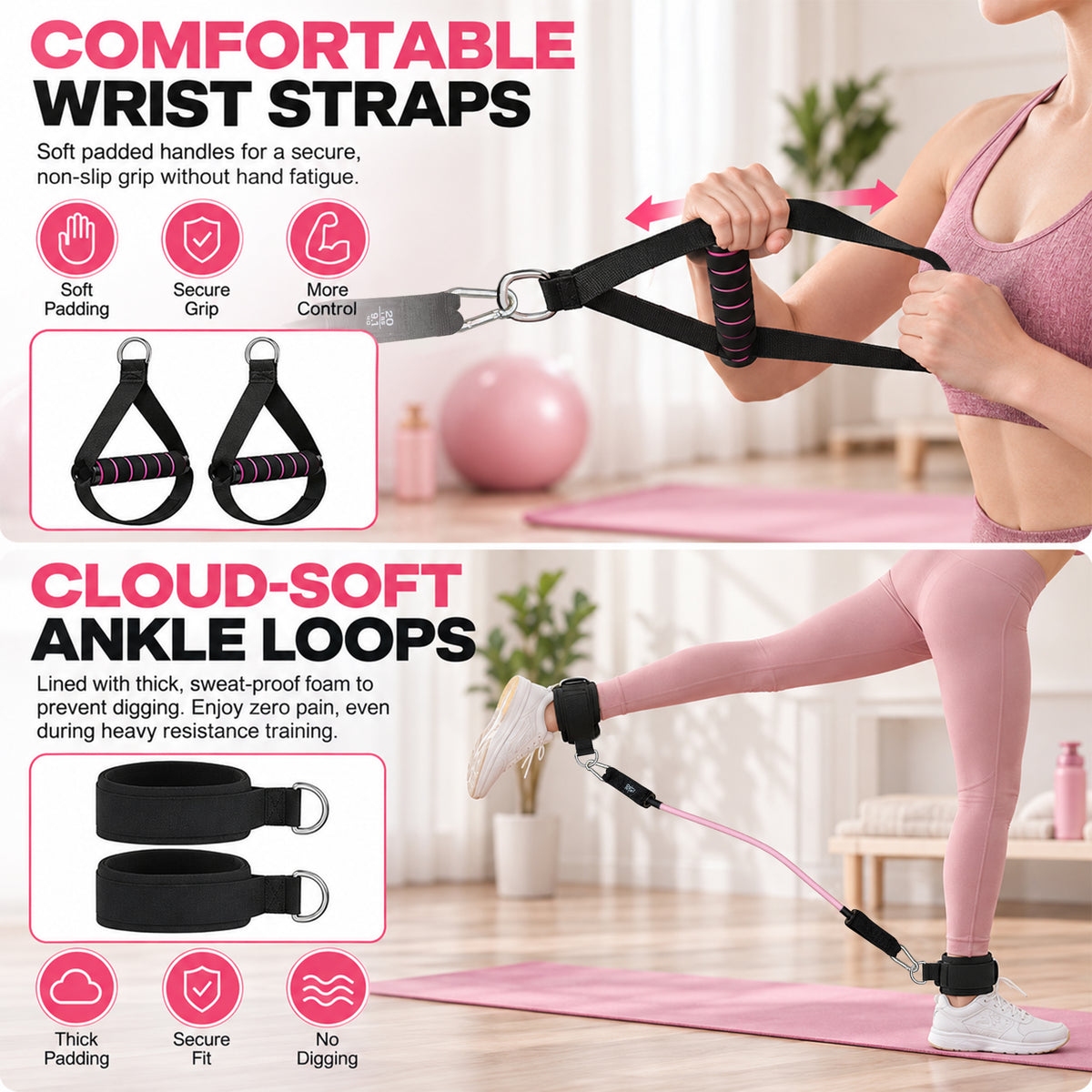 Pilates Bar Kit with Resistance Bands, 1.26in Wide Foot Straps, 3-Section Home Gym Workout Equipment
