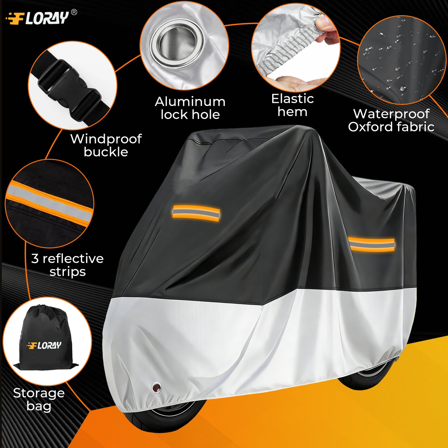 FLORAY Lightweight All-Season Motorcycle Cover, Waterproof Outdoor Protection with Reflective Strips and Windproof Buckles, 2XL