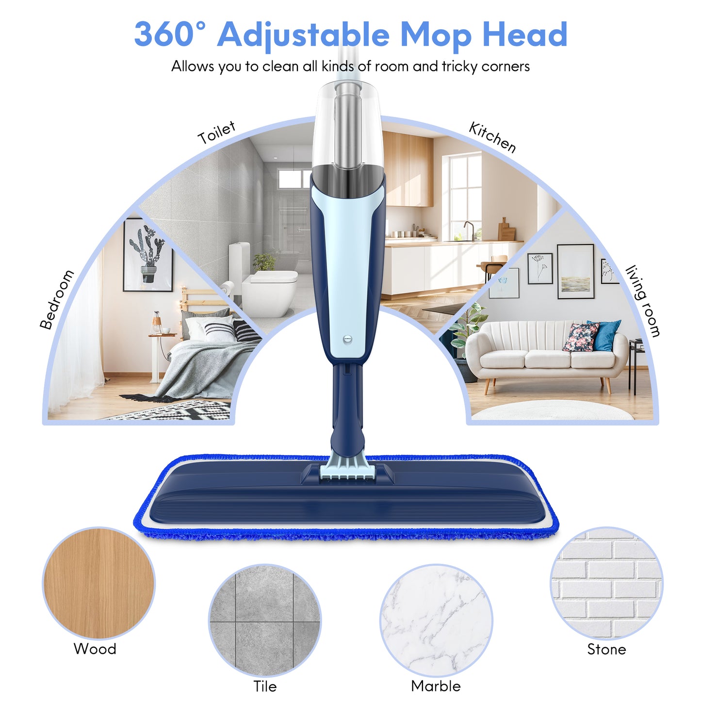 BIMZUC Spray Mop for Floor Cleaning Wet, with 14 oz Refillable Bottle and 3 Washable Microfiber Pads Home or Commercial Use, Blue