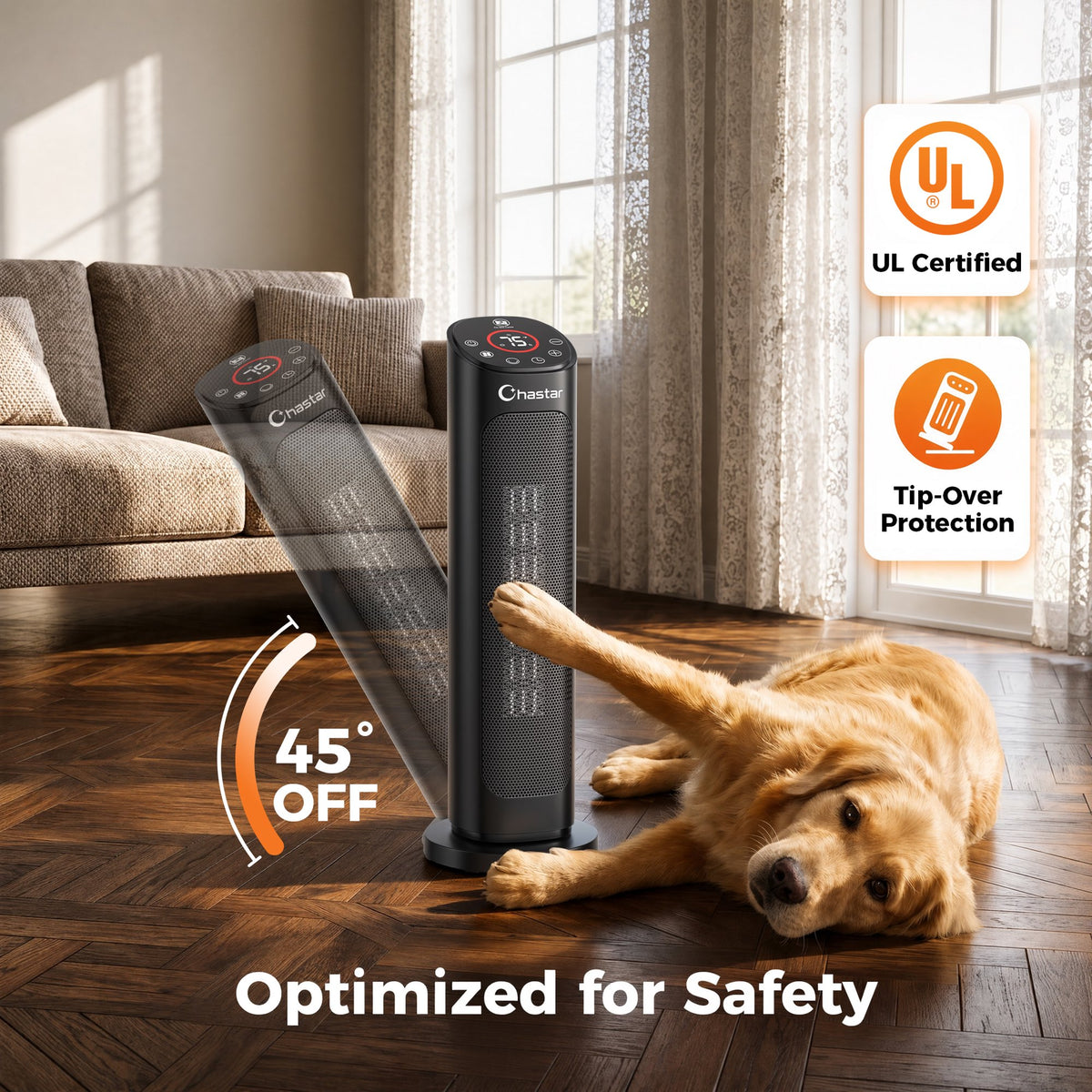 Chastar Black 1500W Electric Oscillating Ceramic Space Heater, 24 inch, with Remote, New