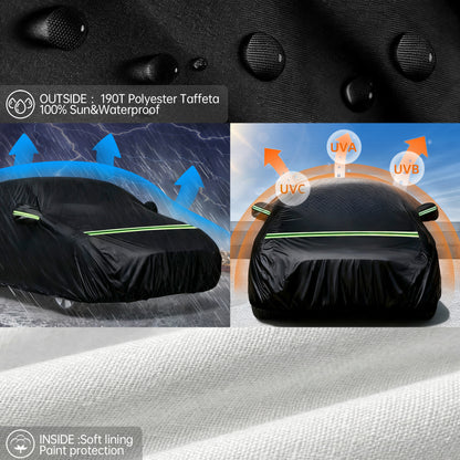 FLORAY Waterproof All-Weather Car Cover with Zipper Door, Heavy-Duty Windproof Vehicle Cover for Sedan & SUV, UV & Snow Protection, Black, 210" x 59" x 47"