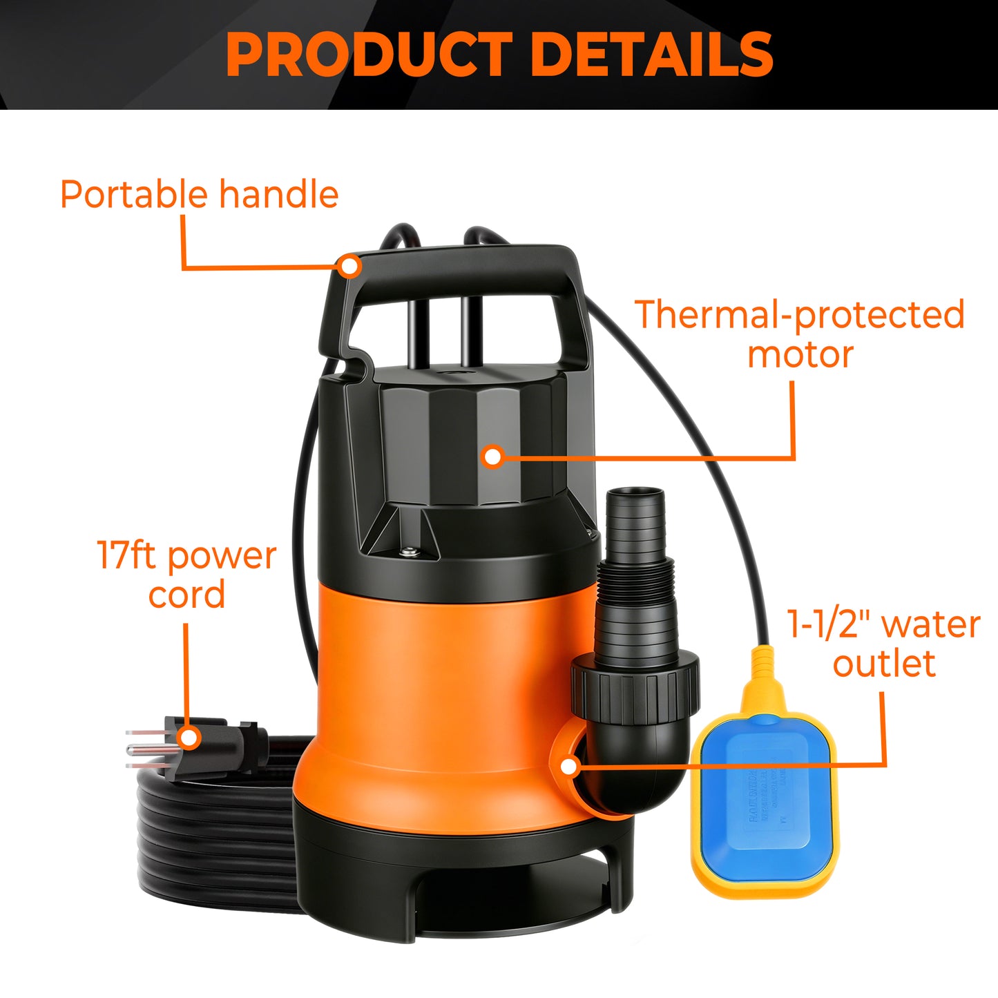 OHHANI Water Pump 1HP 3500GPH 17ft Power Cord Portable Submersible Water Pump for Swimming Pools, Garden Ponds, Basements