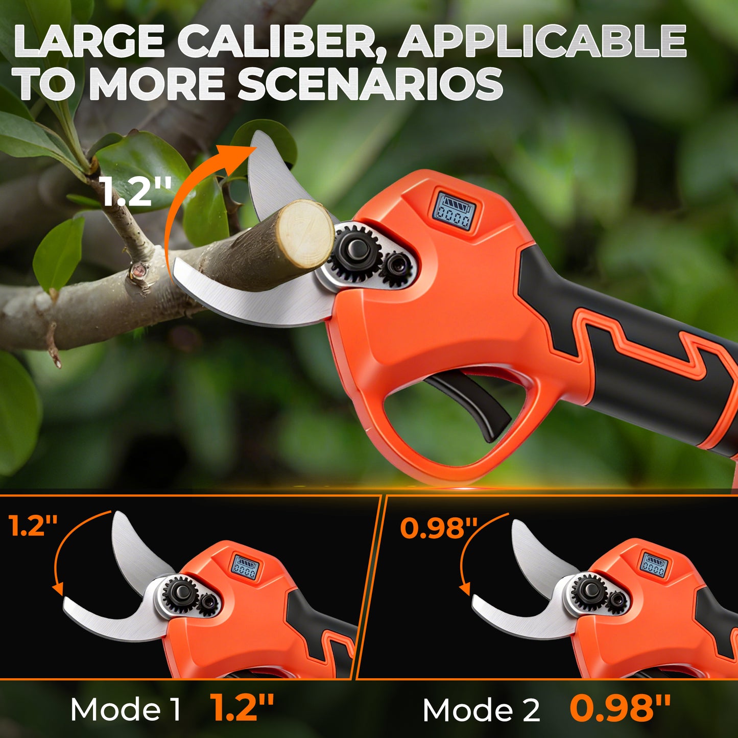 HOTREE Cordless Electric Pruning Shears with 2 Batteries, Adjustable 0.8 to 1.2 Inch Cutting Capacity and for Garden Orange