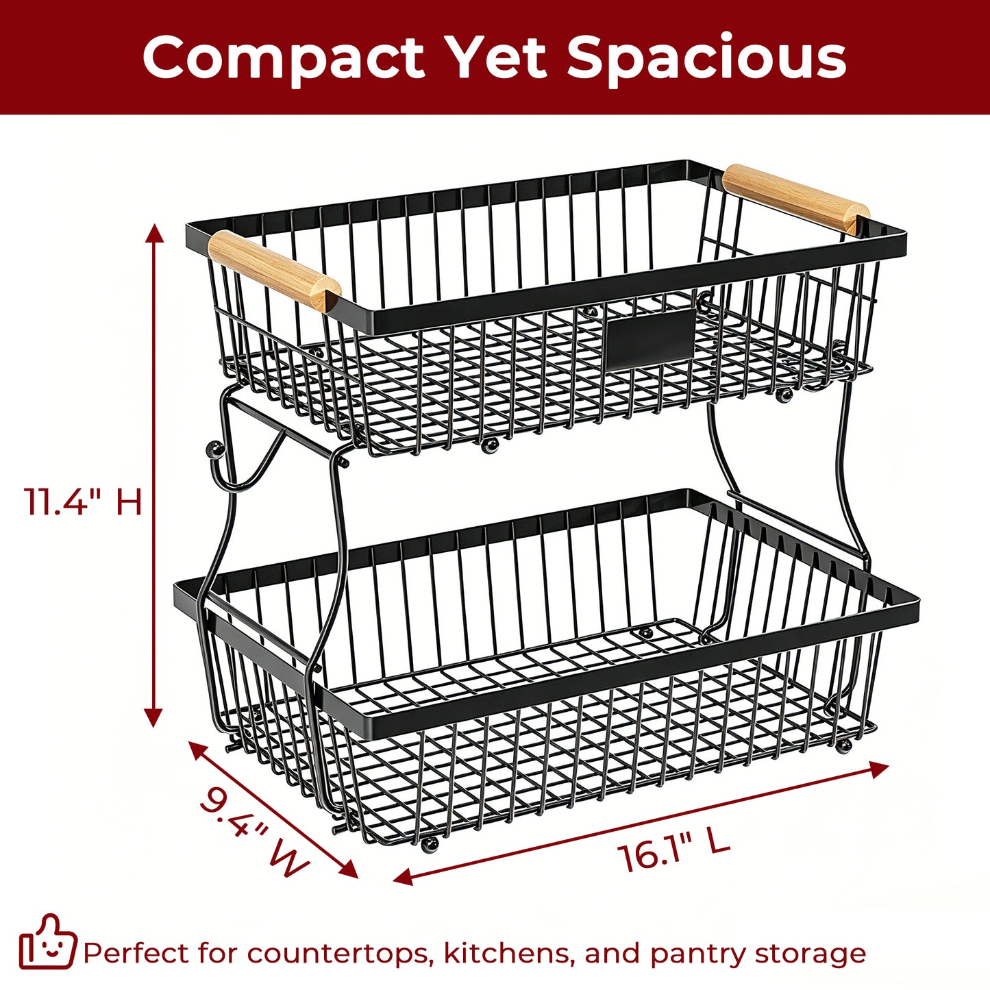 Riousery 2-Tier Fruit Basket for Kitchen Counter with Wooden Handle and Side Hooks, Detachable Metal Fruit Bowl Stand for Fruit and Vegetable Storage, Black, 16.1" x 9.4" x 11.4"