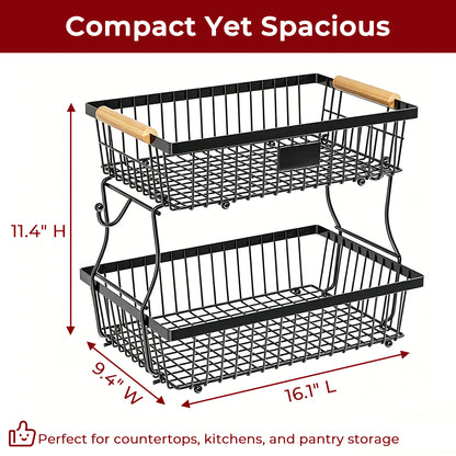 Riousery 2-Tier Fruit Basket for Kitchen Counter with Wooden Handle and Side Hooks, Detachable Metal Fruit Bowl Stand for Fruit and Vegetable Storage, Black, 16.1" x 9.4" x 11.4"
