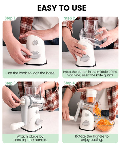 M Buder Rotary Cheese Grater with 3 Interchangeable Blades, Hand Crank Cheese Shredder Vegetable Chopper , Mandoline Slicer, Suction Base, White