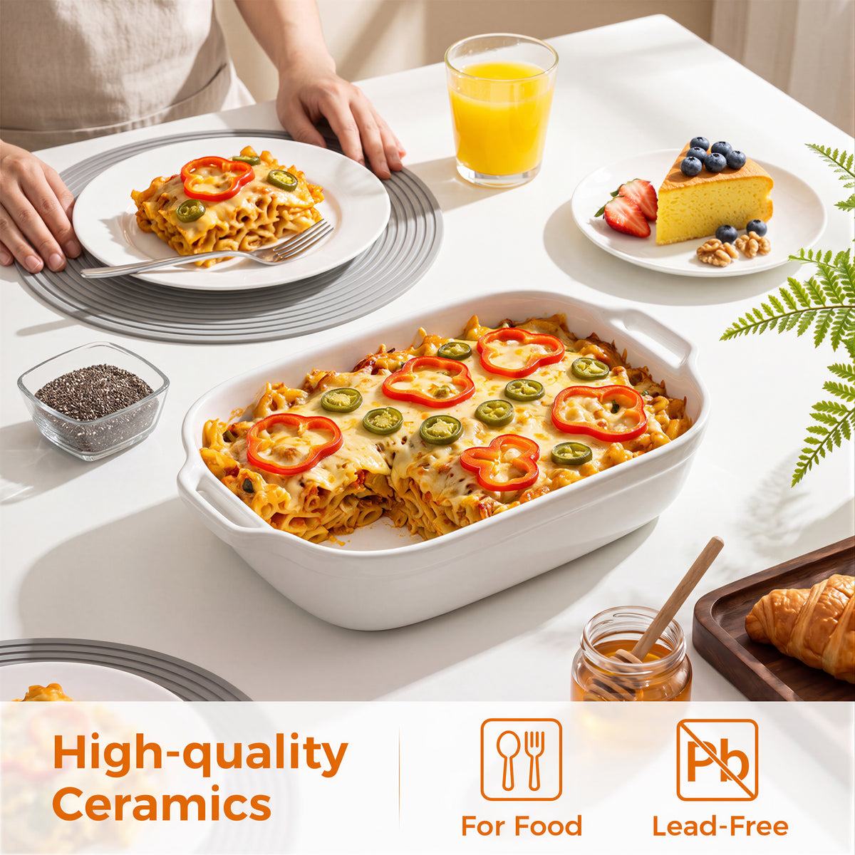 M Buder Casserole Dishes for Oven, Ceramic Baking Dish Set of 3, Thick Rectangular Baking Pans with Handles for Baking Cake, White