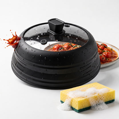 LZSDS 11 inch Collapsible Silicone Microwave Splatter Cover with Tempered Glass Window, Black