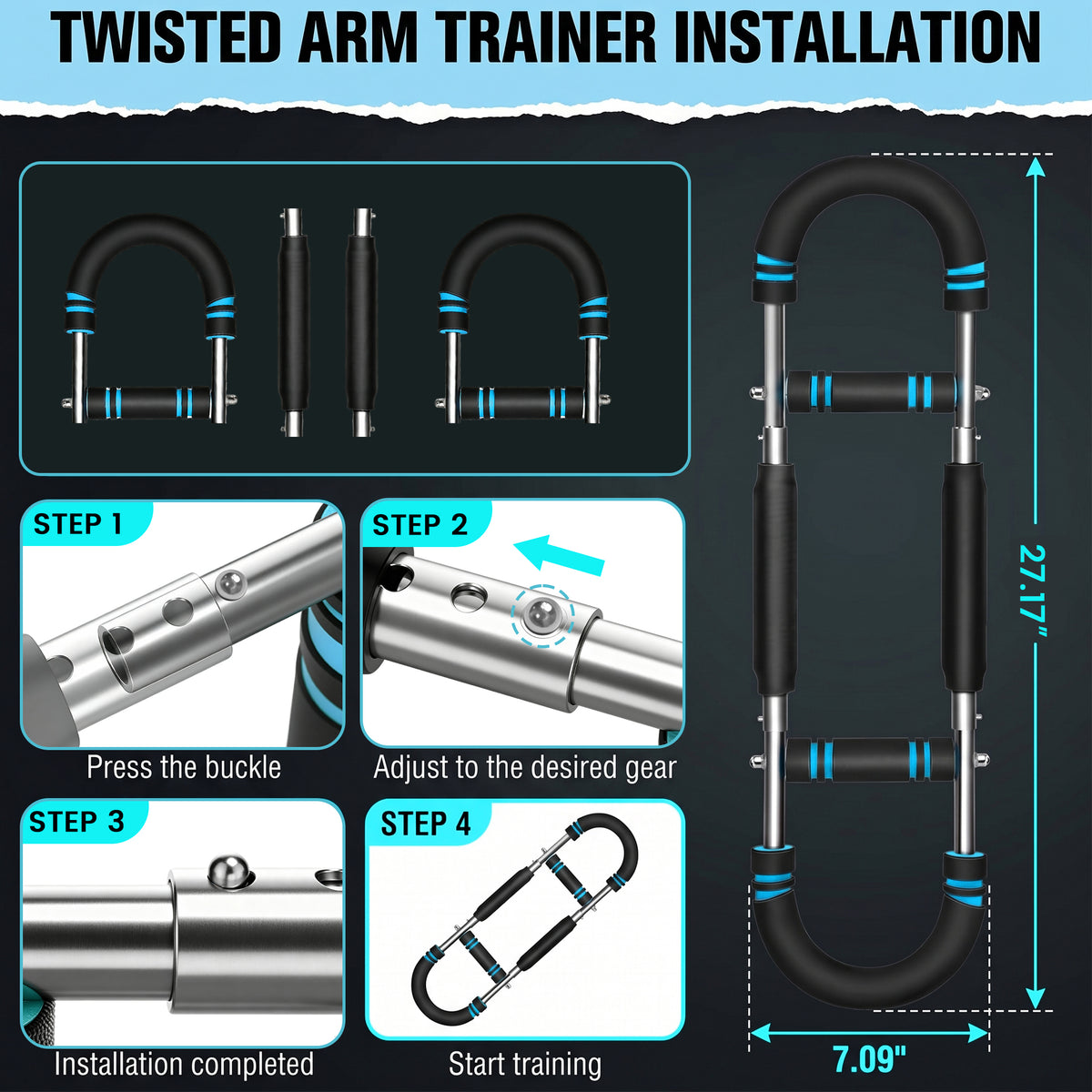 Feeray Twister Arm Trainer for Men, 66-110 LBS Adjustable Chest Workout Equipment, Home Fitness Spring Resistance, Black/Blue