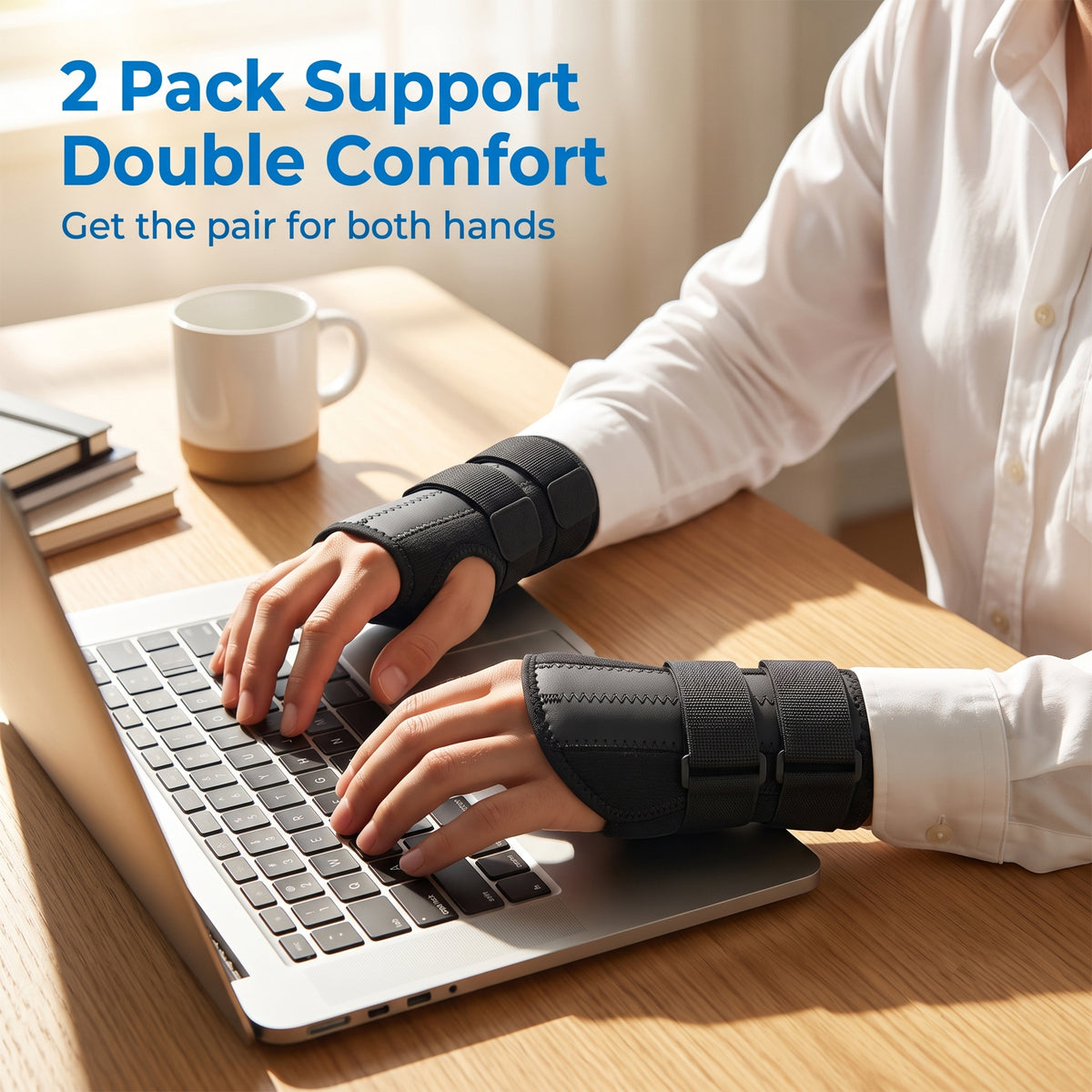 BOKYAN 2PCS Carpal Tunnel Wrist Brace, Adjustable Metal Splint Wrist Stabilizer for Tendonitis Arthritis, All Day Wear, Black