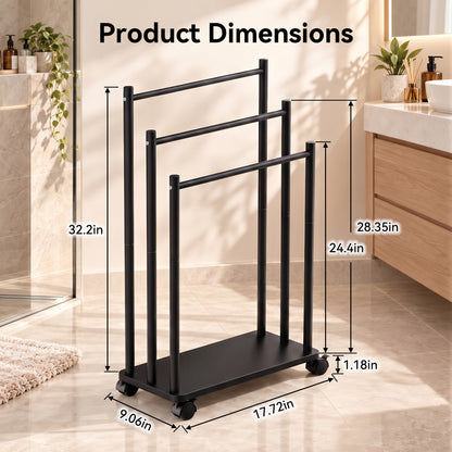 LZSDS 3-Tier Freestanding Rolling Towel Rack with Storage Shelf, Black