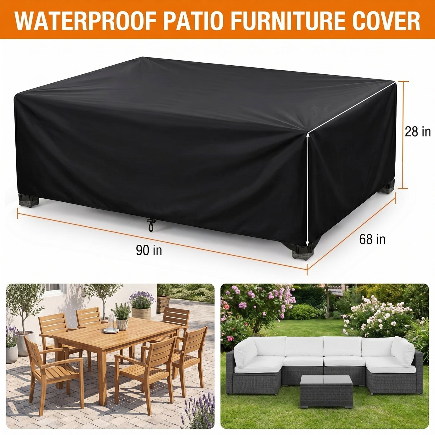 OHHANI Patio Furniture Cover, 420D Oxford 90" L x 60" W x 29" H with 4 Ajustable Buckles 100% Waterproof for Sectional Sofa